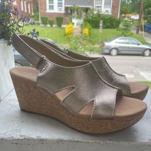 Clarks gold platinum metallic wedges with Velcro closure